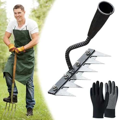 Rastrello in ferro per giardinaggio e diserbo, rastrello da giardino in acciaio al carbonio a 5/6/7/8 denti, rastrello per terreno resistente, rastrello da diserbo in ferro per giardinaggio (6 Teeth)