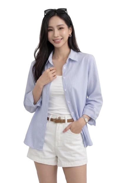 Women's Striped Button Down Shirt, Long Sleeve Collared Cotton Blend Oversized Shirt, Casual Loose Fit Office Work Business Dress Shirt for Spring Summer-picture-13