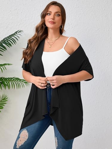 AusLook Women's Plus Size Lightweight Open Front Short Sleeve Cardigan Cover Ups Shrugs Shawls and Wraps Kimono Jacket Coat4