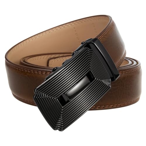 Men's Automatic Buckle Genuine Leather Belt, 3.5Cm Solid Color Formal Belt Tan Brown 110cm4