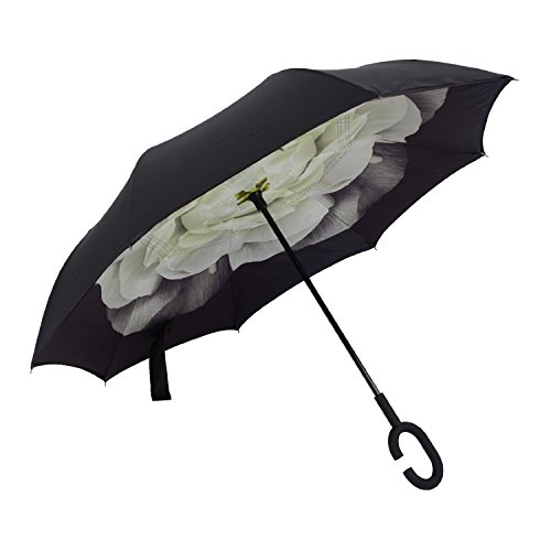Windproof Reverse Folding Double Layer Inverted Umbrella and Self Standing Inside Out Rain Protection Umbrella with C-shaped Hands Free Handle, Best Compact Travel Umbrella