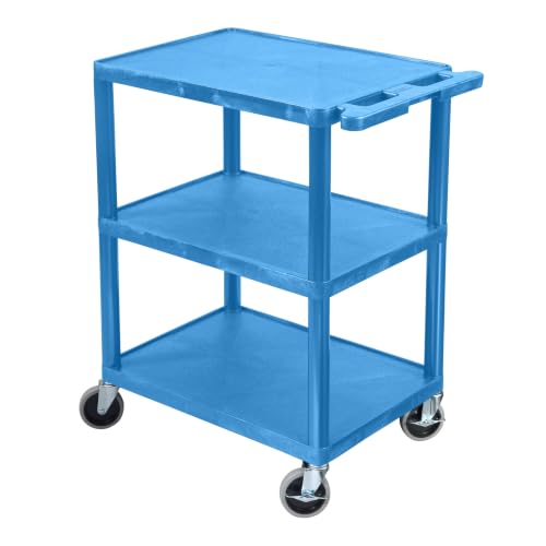 Image of Luxor HE34-BU Utility Cart - 3 Shelves Structural Foam Plastic, Four 4 inch Casters, Two with Locking Brake, Ergonomic Push Handle, 24 inchW x 18 inchD x 34 inchH, Offices, Classrooms