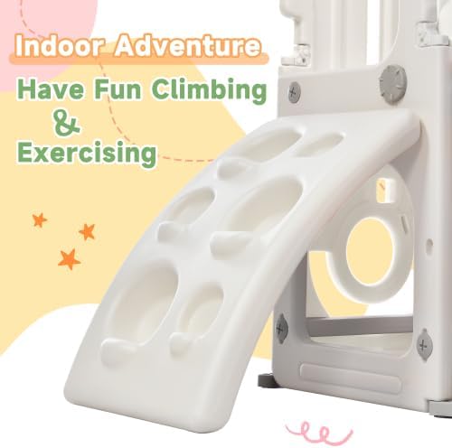 Toddler Climber and Slide Set 4 in 1, Kids Playground Climber Freestanding Slide Playset with Basketball Hoop Play Combination for Babies Indoor & Outdoor 3+ (Grey)