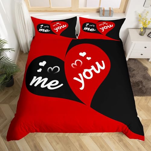 Erosebridal You and Me Duvet Cover Set Red and Black Love Heart Twin Bedding Sets for Girls,Romantic Wedding Comforter Cover Valentines Day Decorations,Couple Gifts for Him and Her