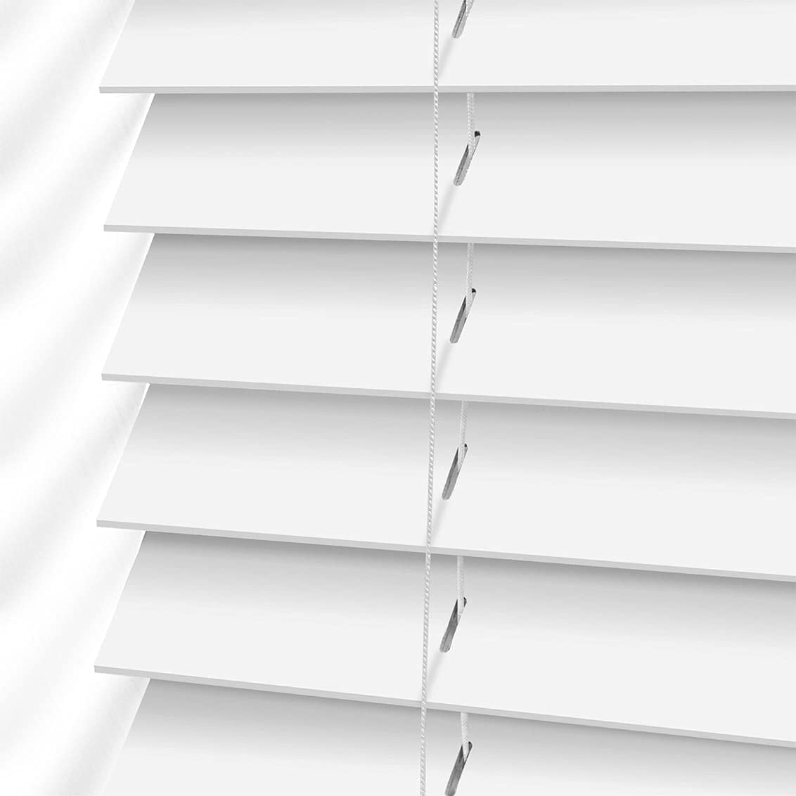Custom Made To Measure Faux Wooden Venetian Blinds with strings (50mm Slats) (White, 35cm-60cm (Width) x Up To 130cm (Drop))