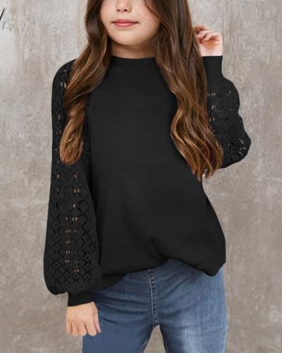 Image of Apbondy Girls Long Sleeve Shirts Lace Crewneck Blouses 5-14 Years | Casual,Lace sleeve, Loose Blouse Tops,Fashion Tops,Solid Color, Ribbed