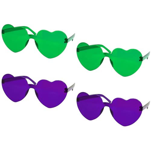 Gvhntk 4 Pack Mardi Gras Heart Shaped Sunglasses Heart Sunglasses for Women Men Rimless Fun Sun Glasses (4 Purple green)