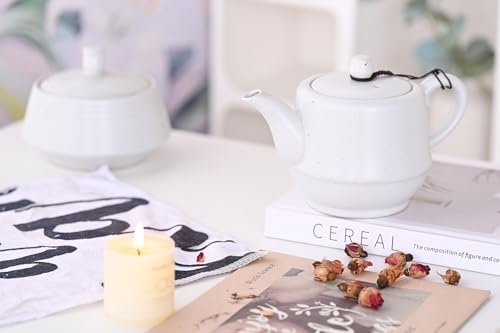 NCQIXIAO Rural Style Ceramic Teapot with Stainless Steel Infuser 16 Ounces Porcelain Blooming & Loose Leaf Teapot (White)