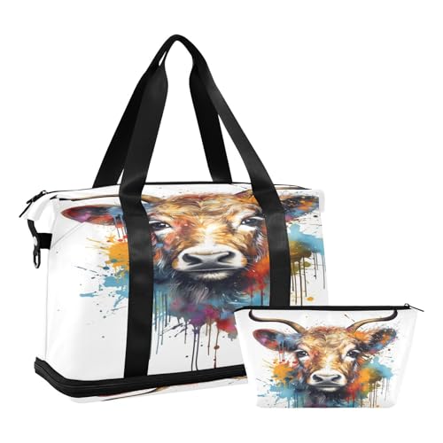 ALAZA Scotland Cattle Highland Cow Watercolor Travel Duffel Bag for Women Men Sports Gym Bag with Shoe Compartment Tote Weekender Overnight Bag with Wet Pocket for Travel, Gym,Yoga,Swimming