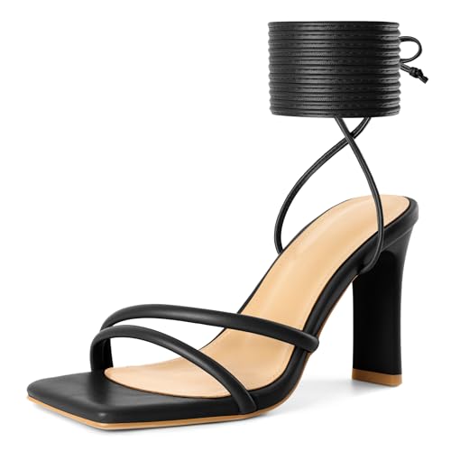 Image of Joseywade Chunky Heels For Women Lace Up Tie Up High Heel 3.5 inch Heeled Sandals Open Toe Shoes