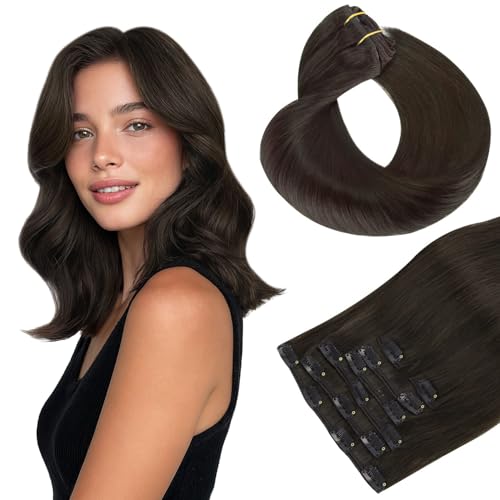 HOTBANANA Human Hair Clip in Hair Extensions, Dark Brown 120g Clip in Hair Extensions Real Human Hair Straight Remy Hair 14 Inch 7pcs