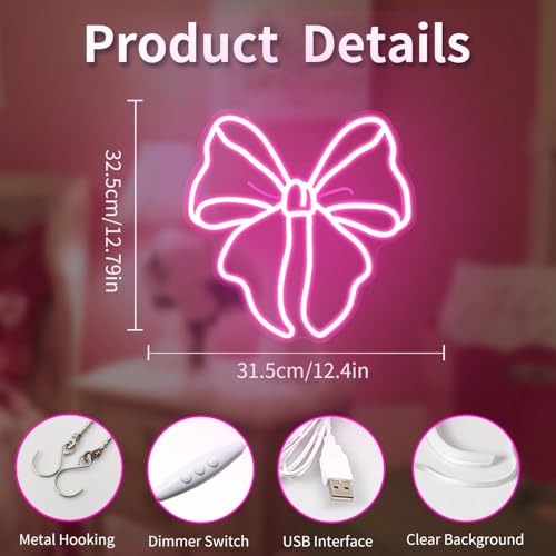 Image of Pink Bow Neon Sign Bows Neon Lights for Bedroom Dimmable Coquette Ribbon Bow Birthday Decorations Pink Wall Art Bow Wall Decor Led Sign Gifts for Girls Party