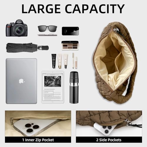 Image of Puffer Quilted Shoulder Bag Large Puffer Tote Bag for Women,Hobo Quilted Tote Bag Crossbody Shoulder Handbags Puff Purse