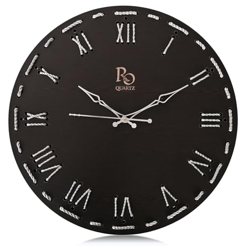 Image of Wooden Round Shape Roman Dial Wall Clock with Silver Hand and Silver Zari Rope Detailing | Stylish Silent Quartz Movement Anti Reflection Analog Vintage Clock for Home (Black, 15.5 Inch)