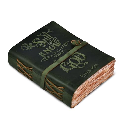 LEATHER VILLAGE Vintage Leather Journal with Psalm 46:10 Bible Verse–10''x7'' Embossed Prayer Study Journal for Women & Men – 200 Pages Handmade Cotton Deckle Edge Watercolor Paper - Green