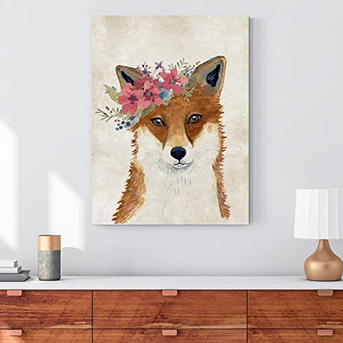 Oridomy Cute Safari Animal Art Print Posters Retro Fox Wall Art Animal Portrait Painting Funny Fox Wearing A Wreath Picture Decor Animal Collections For Nursery Kid's Bedroom Home Decoration 12"X16" #TOP1