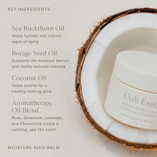 Oak Essentials Moisture Rich Face Balm, Hydrating Balm-to-Oil Face Moisturizer with Sea Buckthorn and Coconut Oils, Nourishing Skincare for Dry Skin, Dewy Finish, 1.4 Oz