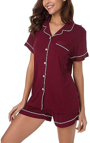 Yoolfine Womens Pajama Sets Short Sleeve Sleepwear Soft Button Down Nightwear Lounge Pj Set,Medium,Burgundy