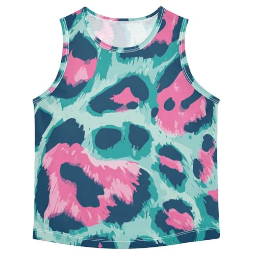Bolaz Boys Athletic Quick Dry Tank Top Sleeveless Workout T Shirts Age 11-15,Blue and Pink Leopard Print