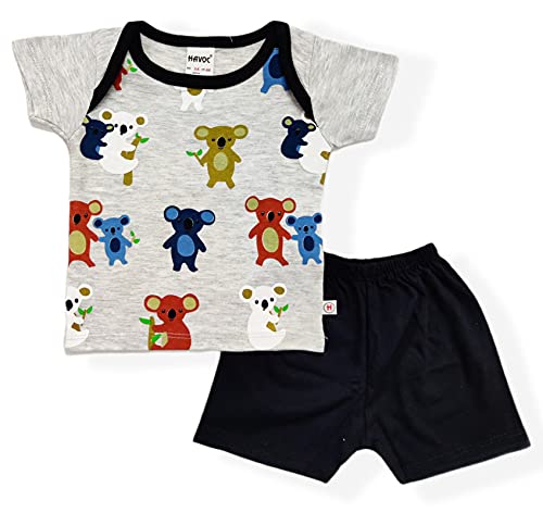 HAVOCBaby Boy & Girl Half Sleeves Baba Suit/Koala Animal Print Top Bottom Set/ T-shirt and Shorts Combo / Light Grey and Black/ 0-24 months