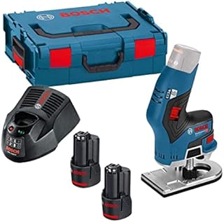 Bosch Professional 12V System cordless Palm Router GKF 12V-8 (incl. Quick charger GAL 12V-40, Open-ended spanner 17 mm, 2 x battery GBA 12V 3.0Ah, Collet with nut 1/4", in L-BOXX 136)