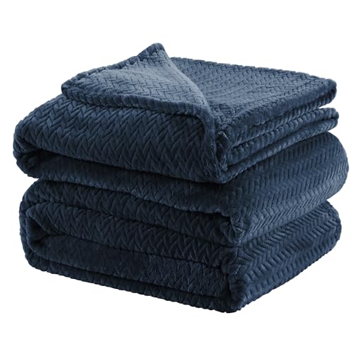 INFIIXSO Fleece Queen Size Blanket - Leaves Pattern Lightweight Queen Blanket for Bed All Season Use, Navy, 90x90 inches