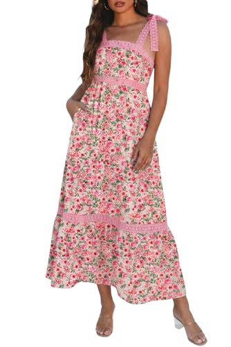 Image of Opemiby Womens Maxi Dress Spring Summer Sleeveless Lace Strap Empire Waist A Line Side Pockets Beach Casual Long Dresses