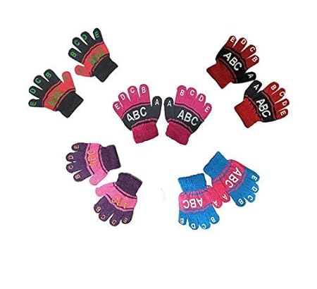 New Vastra Lok Girls I Boys Woolen Multi Color Gloves Pack of 3 for 1-2 Year Kids ABCD Write