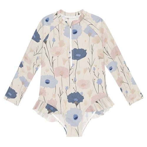 ALAZA Swimsuit for Girls Long Sleeve Rashguard Bathing Suit Pastel Flowers Quick Dry 4T