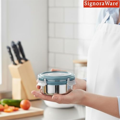 Image of Signoraware Lock N Store Stainless Steel Round Container With Steel Lid | Airtight & Leakproof | Compact & Durable | Ideal for Snacks, Office, School & Travel Use (350ml | EBlue)