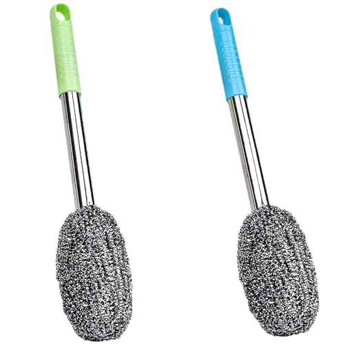 Long Handle Steel Wire Ball, 2 Pcs 12.5 Inch Stainless Steel Ball Brush for Pot, Bottle and Closestool (2)