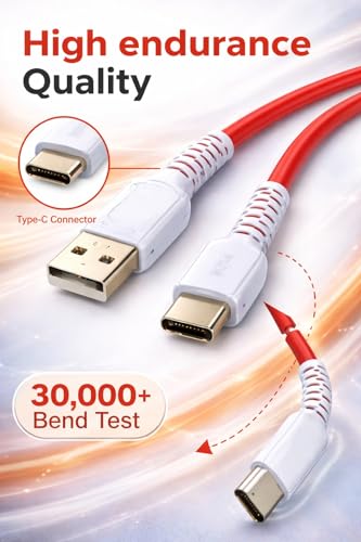 Image of USB Type C Cable 65W 6A Fast Charging & Data Sync, 1.2M Durable PVC Cord for Samsung, OnePlus, Oppo, Vivo, Realme, Mi, Poco, Moto (Red, Pack of 1)
