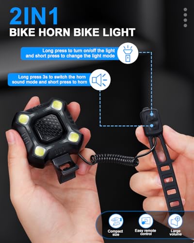 EQIIO 140dB Electric Bike Horn with Front Light, 2 in 1 Bicycle Horn 6 Sound Modes USB Rechargeable, Bike Bell with Large Range Floodlight Bike Horn for Adults Kids Bike Scooter Ebike, IPX6 Waterproof