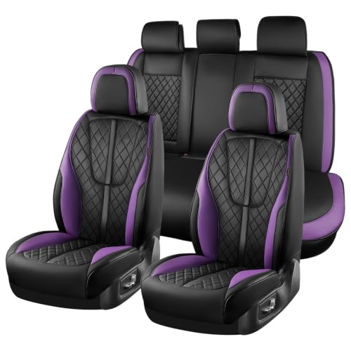 Image of Coverado Leather Car Seat Covers Full Set, Black and Purple Seat Cover, Luxury Diamond-Pattern Leather Seat Covers & Carbon Fiber, Durable Waterproof Car Seat Protectors Universal Fit for Most Cars