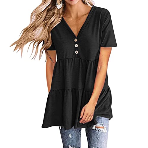 KBUY Damen Casual T-Shirt Kleid Knopfleiste Plissiert Kurzarm V-Ausschnitt Bluse Longshirt Elegant Oberteile Einfarbig Tunika Top Hemd Locker Sommer-Tunika-Kleid fließendes Swing-Tshirt-Kleid Cover