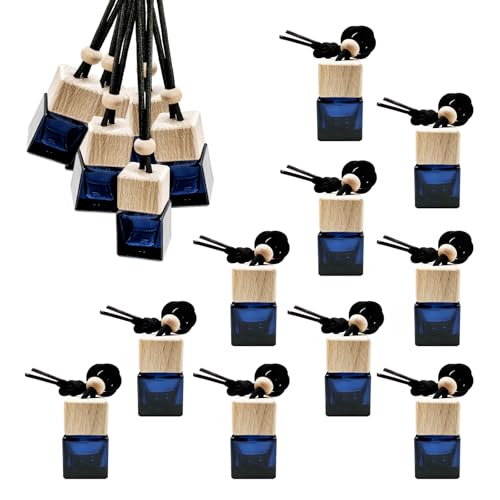 NYTKL 10PCS Hanging Car Air Freshener Bottle, Empty Glass Car Diffuser Cube Bottle Pendant with Wooden Cap, Refillable Essential Oil Bottles Hanging Ornament for Auto Home Office