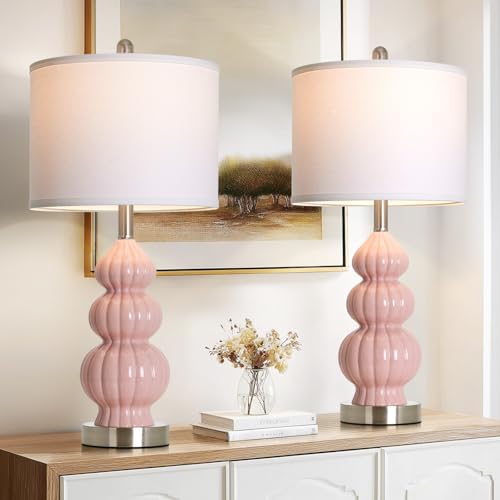 Rinweey 26.5" Pink Ceramic Table Lamps Set of 2, Modern Bedside Lamps for Girls Room, Triple Gourd Table Lamp for Living Room End Table or Bedroom Nightstand (2 LED Bulbs Included)
