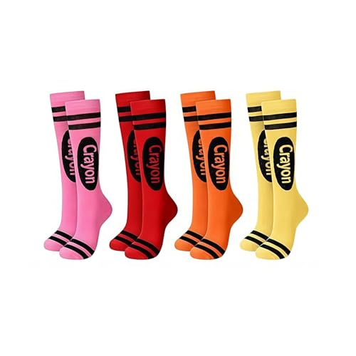 Liiusgelad Crayon Socks 4-Pack with Box Fun Rainbow Pencil Knee High Stockings for Women & Girls Halloween Costume Socks