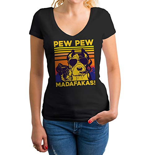 Vintage Pew Pew Dog Lovers Madafakas with Gun Pistol Damen V-Ausschnitt Schwarz T-Shirt Size M