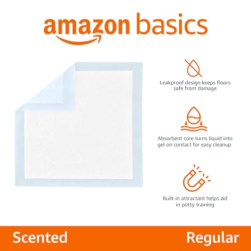 Amazon Basics Scented Dog and Puppy Potty Training Pee Pads, 5-Layer Leak-Proof Super Absorbent with Quick-Dry Surface, Regular Size 22 x 22 Inch, Blue & White, 100 Count view 2