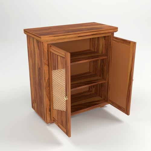 Image of Solid Sheesham Wood Sideboard Cabinet for Living Room | Wooden Storage Cabinet with 2 Designer Cane Doors & Shelf | Modern Geometric Rattan Sideboard for Home (Honey Finish)
