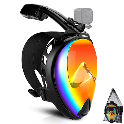 Odoland Snorkel Mask, Full Face Snorkeling Mask, 180 Degree Panoramic View Diving Mask with Camera Mount, Dry Top System Anti-Leak Anti-Fog Diving Mask for Adult, Men Women, Orange, L/XL