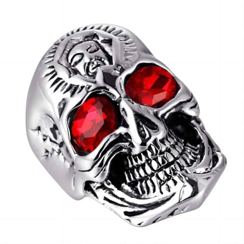 Bague tête de mort démon pour homme, Bague Crâne Oeil Rubis, Anneau gothique de crâne d’oeil rouge, Bague de motard crâne cool Halloween, Bijoux crâne...