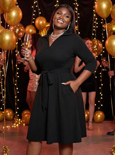 Image of FANDEE Plus Size Midi Dress for Women - Printing Summer Dresses for Wedding Guest Cocktail Party 3 /4 Sleeve V Neck（L-5XL）