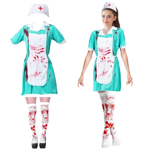 Hendpock Halloween Krankenschwester Kostüm, Zombie Horror Outfit-Set Mit Schürze, Strümpfe Und Haube für Damen - Halloween Karneval Cosplay Party