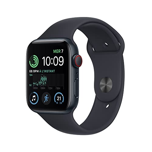 Apple Watch SE (2ᵉ génération) (GPS + Cellular, 44mm) Montre connectée, Boîtier en Aluminium Minuit, Bracelet Sport Minuit - Regular. Suivi de la Forme Physique et du Sommeil, détection des Accidents