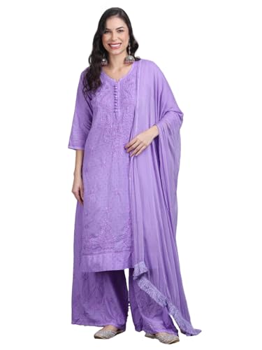 Image of Women's Lucknowi Chikankari Handwork Cotton Kurti, Palazzo and Dupatta Set