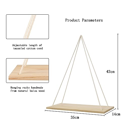 YiYa 2Pcs Rope Hanging Floating Shelves Hanging Shelves for Wall Modern Wall Hanging Shelves Wooden Floating Shelves with String Rope for Living Room Bathroom Bedroom Small Plants Decor - Image 3