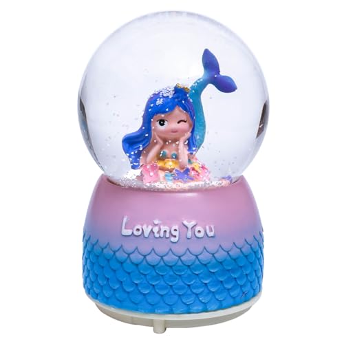 Dalekana Snow Globe with Light for Christmas & Birthday Gift, 80mm Crystal Musical Glitter Glass Water Ball Decoration, Happy Mermaid Snowglobe, 3.5