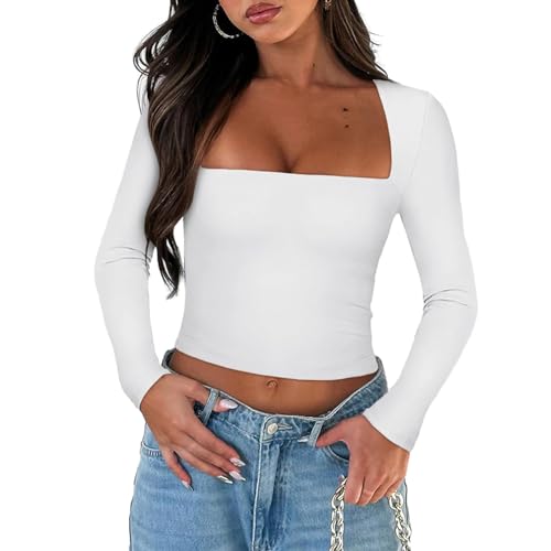 Himllauen Camiseta de manga larga Y2k Crop Top Sexy Slim Fit Tops Básico Monocolor Tops Moda Manga Larga Camiseta para Mujeres Niñas, C1 Blanco, S
